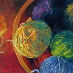 an oil painting of balls of yarn in a bowl