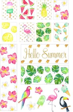 the hello summer wallpaper is shown with tropical leaves, flowers and flamingos on it