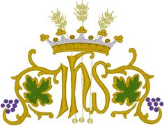 an image of the letter m and crown on top of each other with grapes around it