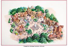 an artist's rendering of a village with lots of trees and buildings in it