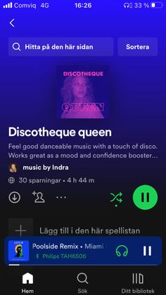 an iphone screen with the text discotheque queen on it and other music related items