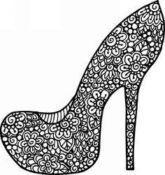 a high heeled shoe decorated with flowers and swirls coloring page for adult adults