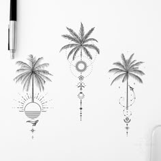 three palm trees are drawn on a white paper with a pen and some ink pens