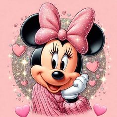 minnie mouse with pink bow on her head and hearts around her neck, in front of a