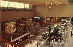 an indoor mall filled with lots of people and christmas trees in the middle of it