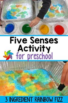 three different pictures with the words five senses activity for preschool and an image of a child