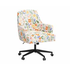 an office chair with wheels and flowers on the back, sitting in front of a white background