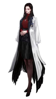 an anime character with long black hair wearing a white coat and red shirt, standing in front of a white background