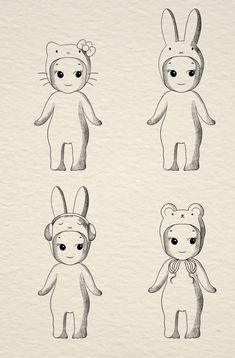 four different drawings of stuffed animals with ears and eyes, one in the middle is wearing a bunny costume