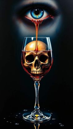 a skull sitting in a wine glass with liquid pouring out of it's eye