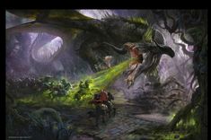 an image of a dragon attacking another creature in the forest with light coming from its mouth