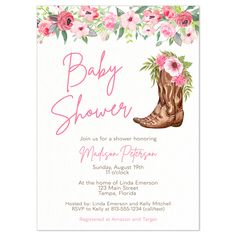 a baby shower is shown with pink flowers and cowboy boots on the bottom of it