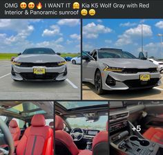 the interior and panoramic sunroof of a car with red leather seats