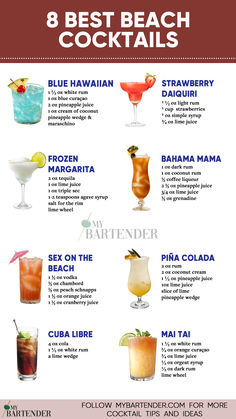 Best Beach Cocktails Bartender Drinks Recipes, Bartender Drinks, Cocktail Drinks Alcoholic, Beach Cocktails, Mixed Drinks Alcohol, Beach Drinks, Yummy Alcoholic Drinks, Mixed Drinks Recipes, Cocktail Drinks Recipes