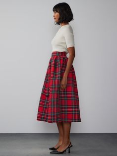 Tartan Pleated Midi Skirt | NY&Co Stewart Plaid Skirt, Women's Wool Skirt, High Wasted Plaid Skirt, Plad Midi Skirt, Christmas Skirts Women, Classic Wool Skirt, Christmas Skirts Women Classy With Boots, A Line Winter Skirts, Tartan Bubble Skirt