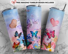 three colorful tumblers with butterflies on them and the words free amazing tumbler design included