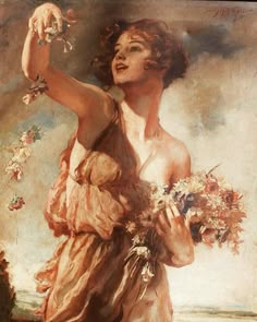 a painting of a woman holding flowers in her hand and looking up at the sky