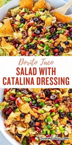 salad with catalina dressing in a white bowl and the title above it reads tortilla taco salad with catalina dressing