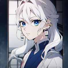 an anime character with long white hair and blue eyes looking at something in the distance