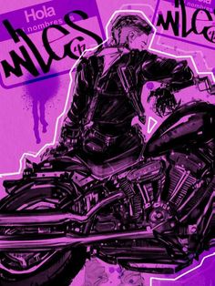 a woman sitting on top of a motorcycle in front of a purple background with words