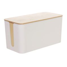 a white box with a wooden lid on a white background