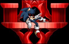 sonic the hedgehog on top of a red chair in front of a black background