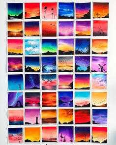 a collage of colorful pictures with windmills in the sky and clouds at sunset