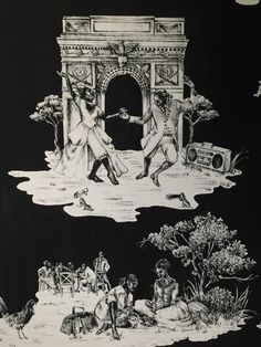 black and white drawing of two people dancing in front of an arch with trees on it