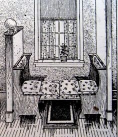 an ink drawing of a living room with couches and tables in front of a window