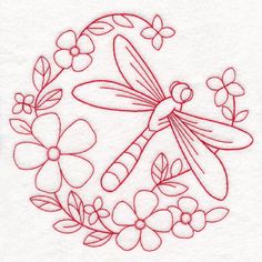 a red dragonfly sitting on top of a flowery circle with leaves and flowers