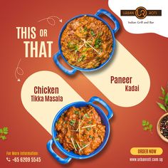 Enjoy the Double delight, double flavor!🍗🧀  Our creamy Chicken Tikka Masala and spicy Paneer Kadai are the perfect feast for your taste buds. 😋  📍101 Syed Alwi Road, Singapore - 207 677. 🌐To browse and order please visit : www.urbanroti.com.sg 📲Ask us and let us know your thoughts: +65 6209 5545 Restaurant Creative Ads Ideas, Food Creative Post, Food Ads Creative Marketing, Creative Food Design, Food Creative Ads, Food In Singapore, Kartu Tarot, Samosa Chaat, Restaurant Social Media