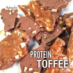 chocolate brownies with peanut butter on top and the words protein toffee