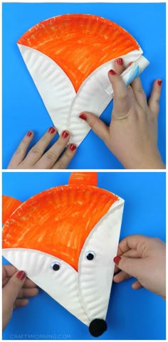 the paper plate fox is being made with scissors and glue to make it look like an animal