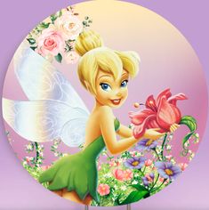 a cartoon tinkerbell holding a flower in front of a purple background with pink flowers