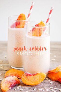 two glasses filled with peach cobbler smoothie