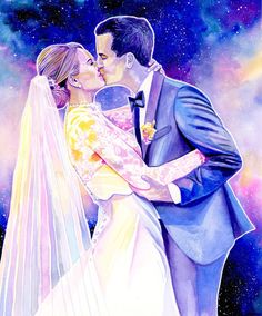 a painting of a bride and groom kissing in front of the stars on the sky