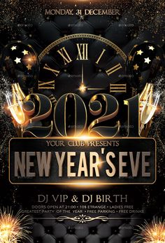 new year's eve party flyer template with fireworks and clock on black background - clubs & parties events