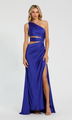 One shoulder fitted cut out formal dress by Mac Duggal Prom Backless Dress, One Shoulder Cut Out Dress, 2024 Formal Dresses, Formal Dress Designs, One Shoulder Dress Formal, Long Dresses Formal, One Shoulder Formal Dresses, Pastel Prom Dress, One Shoulder Long Dress