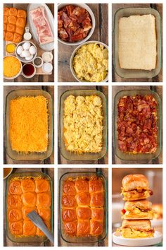 several different pictures of food that include eggs, bread and other foods in separate pans