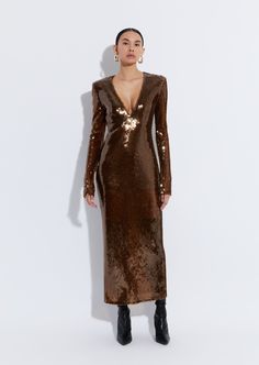 Sequin Midi Dress - LAPOINTE Sequin Midi Dress, Dress Satin, Brown Dress, Event Dresses, Fall Dresses, Wedding Season, Satin Dresses, Gorgeous Dresses, Deep V