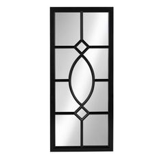 a mirror that is on the wall with a black frame and glass panels around it