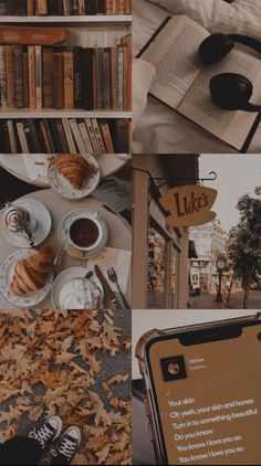 a collage of photos with coffee, books and food on the table in front of them