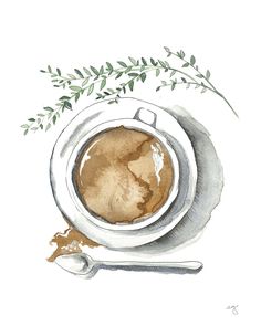 a watercolor painting of a cup of coffee with a spoon and sprig of green leaves