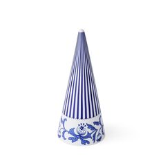 a blue and white striped cone shaped vase on a white background with an ornament design