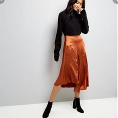 Peach Color Satin Midi Skirt From Nordstrom. New, With Tiny Defect On The Back, Almost No Visible Orange Skirt Outfit Fall, Orange Satin Skirt Outfit, Orange Satin Skirt, Orange Skirt Outfit, Silk Skirt Outfit, Skirt Outfit Fall, Satin Skirt Outfit, Brown Leather Skirt, Silk Midi Skirt