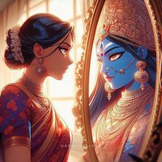 a woman looking into a mirror with an avatar painted on the face and body in front of it