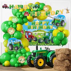 a tractor themed birthday party with balloons and decorations