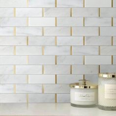 Natural Bianco White and Gold Metal Brick Subway Stone Tile Tuscan Glass Gold Tile, White Wall Tiles, Mosaic Tile Backsplash, White Backsplash, Marble Mosaic Tiles, Mosaic Wall Tiles, Accent Tile, Brick Patterns, Fireplace Tile