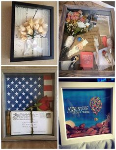 four different pictures with flowers, books and other things in them that are on display