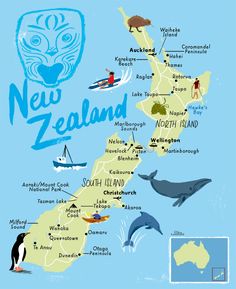 a map of new zealand with animals and people on it